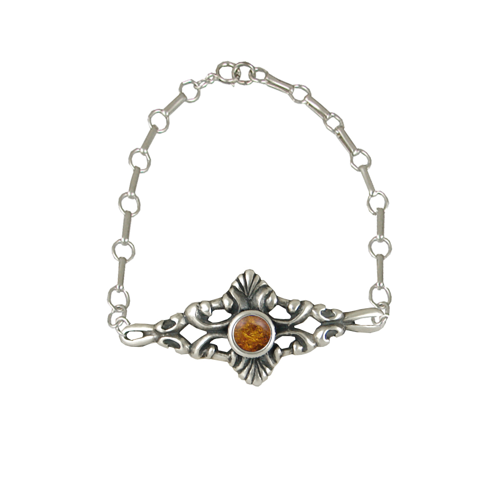 Sterling Silver Adjustable Filigree Chain Bracelet With Amber